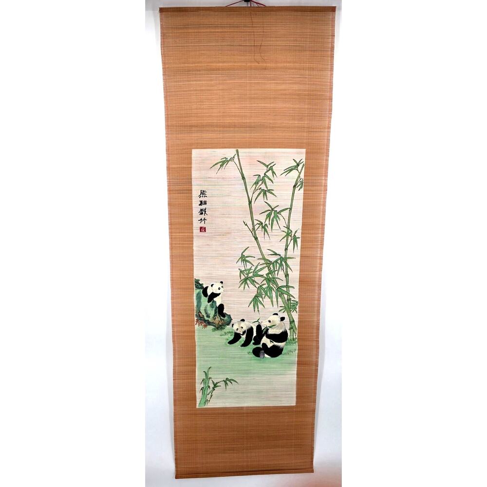 Vintage Chinese Panda Embroidered Bamboo Wall Hanging Scroll